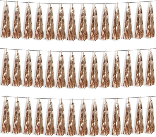 3P Champagne Gold Foil Fringe Metallic Tassel Streamers Banner Tassel Garland for Parade Floats, Bachelorette, Wedding, Birthday, Halloween, Christmas, Bridal/Baby Shower Party Decorations
