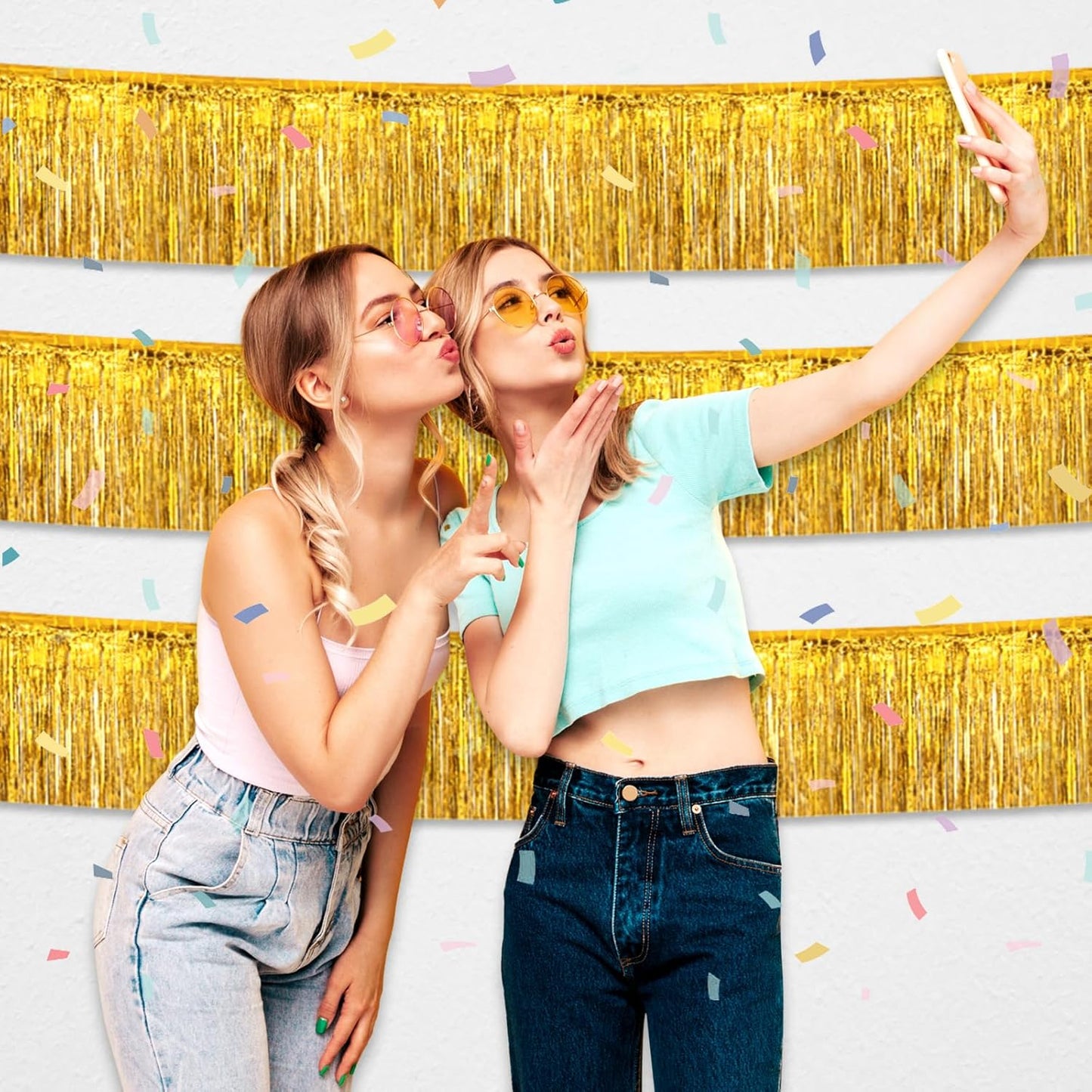 4 Pack 10 Feet Gold Foil Fringe Garland Metallic Tinsel Streamers Banner Wall Hanging Curtain Backdrop for Parade Floats, Wedding, Graduate, Mother's Day, Birthday Party Decoration