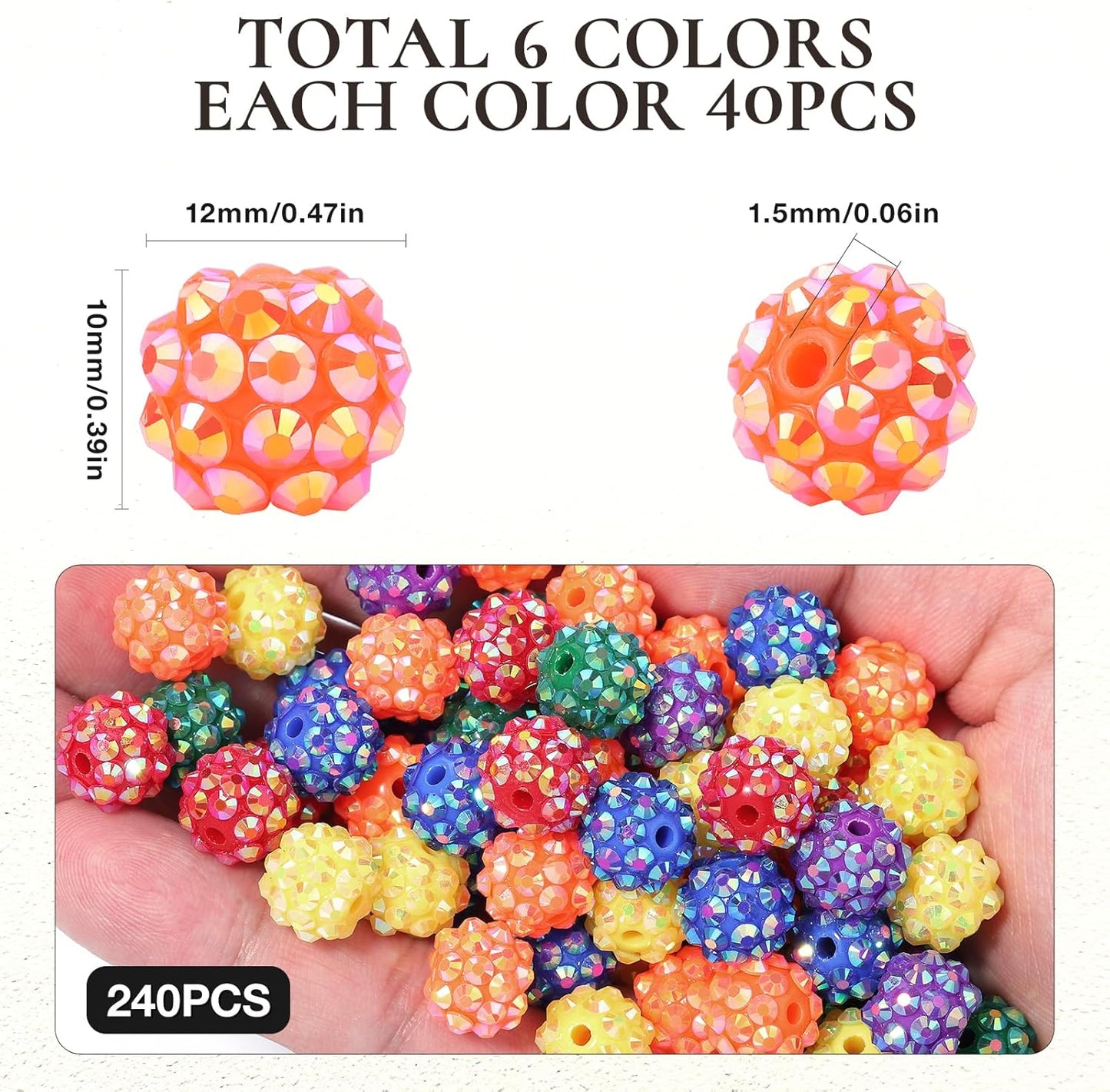 novani 240pcs 10mm Rainbow Rhinestone Beads for Jewelry Making, Resin & Clay Material, Round Shape, Loose Beads