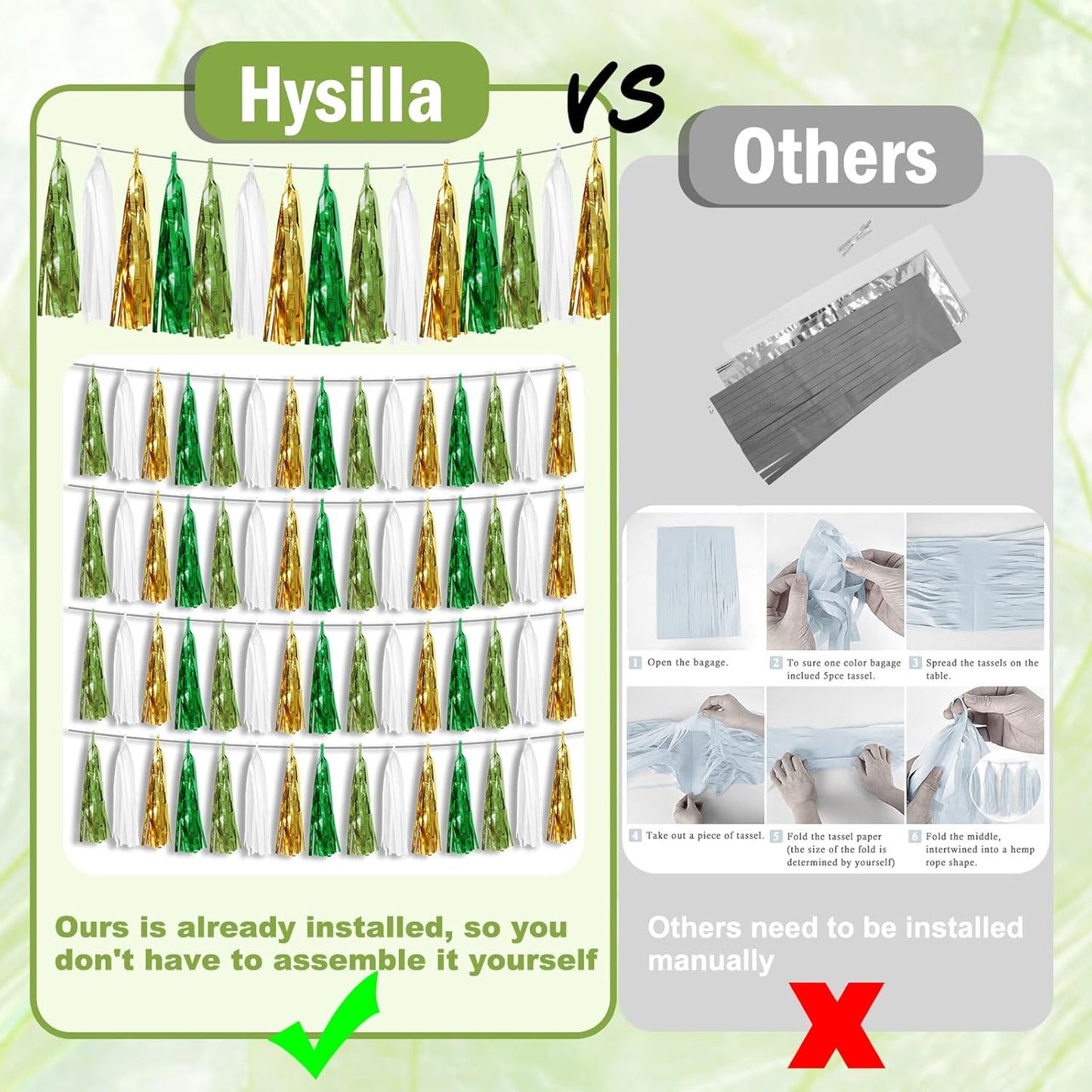 8P Sage-Green Beige-Mint Gold Foil Fringe Metallic Tassel Garland Banner, Tassels Banner Streamers for Parade Floats, Bachelorette, Wedding, Birthday, Christmas, Bridal/Baby Shower Party Decorations