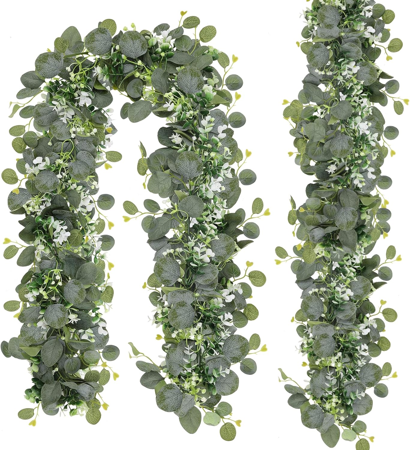 N&T NIETING 2 Pack Artificial Eucalyptus Garland with Flowers, Faux Greenery Garland Decor 6FT Eucalyptus Vines, Fake Hanging Vines Summer Garlands for Mantle Wedding Backdrop Decorations