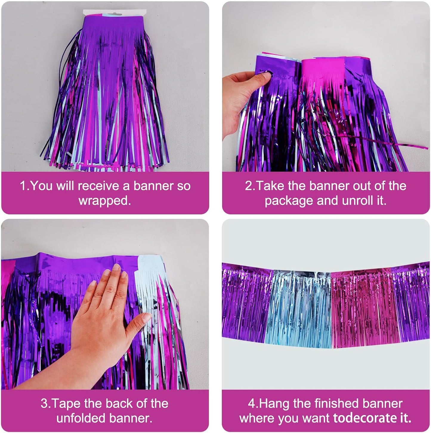 BEISHIDA 3 Packs Metallic Foil Fringe Garland Blue Purple Pink Wall Hanging Tinsel Fringe Banners for Car Floats Bridal Shower Wedding Birthday Easter Graduation Holiday Party Decoration(30 Feet)