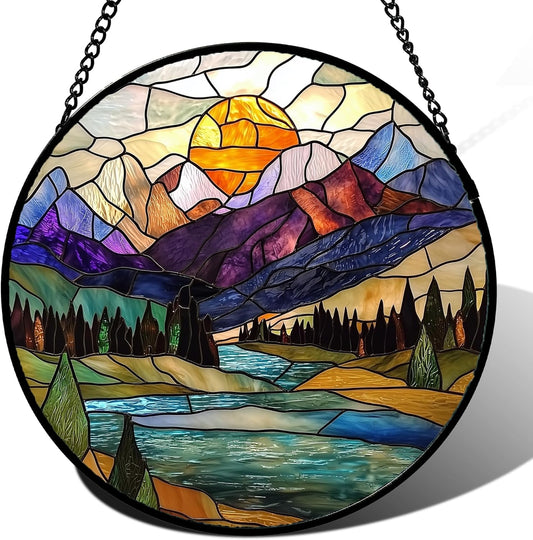 Stained Glass Window Hanging, Blue Lake Golden Sun Abstract Mountains Landscape Suncatcher for Doors Window Home Sun Catchers Decor Mother's Day Birthday Gifts for Women Men Mom 7.8 in