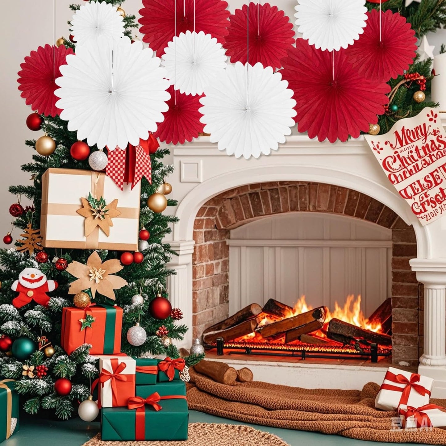 20 Pcs Red White Hanging Paper Fan, Hanging Honeycomb Round Paper Fans for Weddings, Birthdays, Christmas, Baby Showers, Classroom, Events Ceiling Party Supplies Decorations