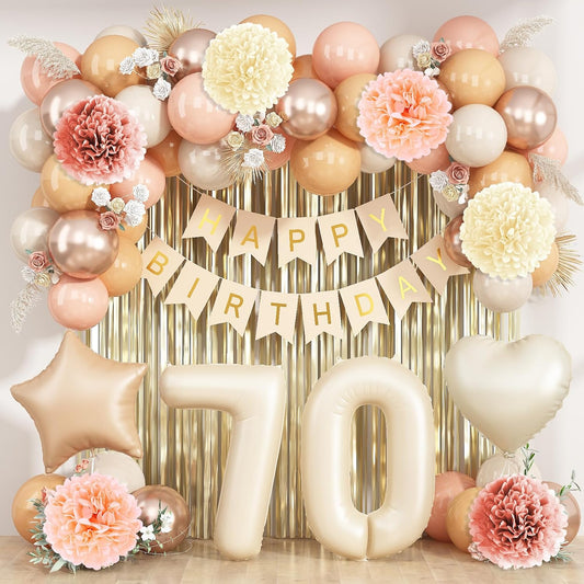 Beige 70th Birthday Decorations for Women Cream Number 70 Balloon Nude Gold Happy Birthday Banner Fringe Curtain Paper Pom Poms Blush White Sand Champagne Star Foil Balloons Neutral Boho Party Decor