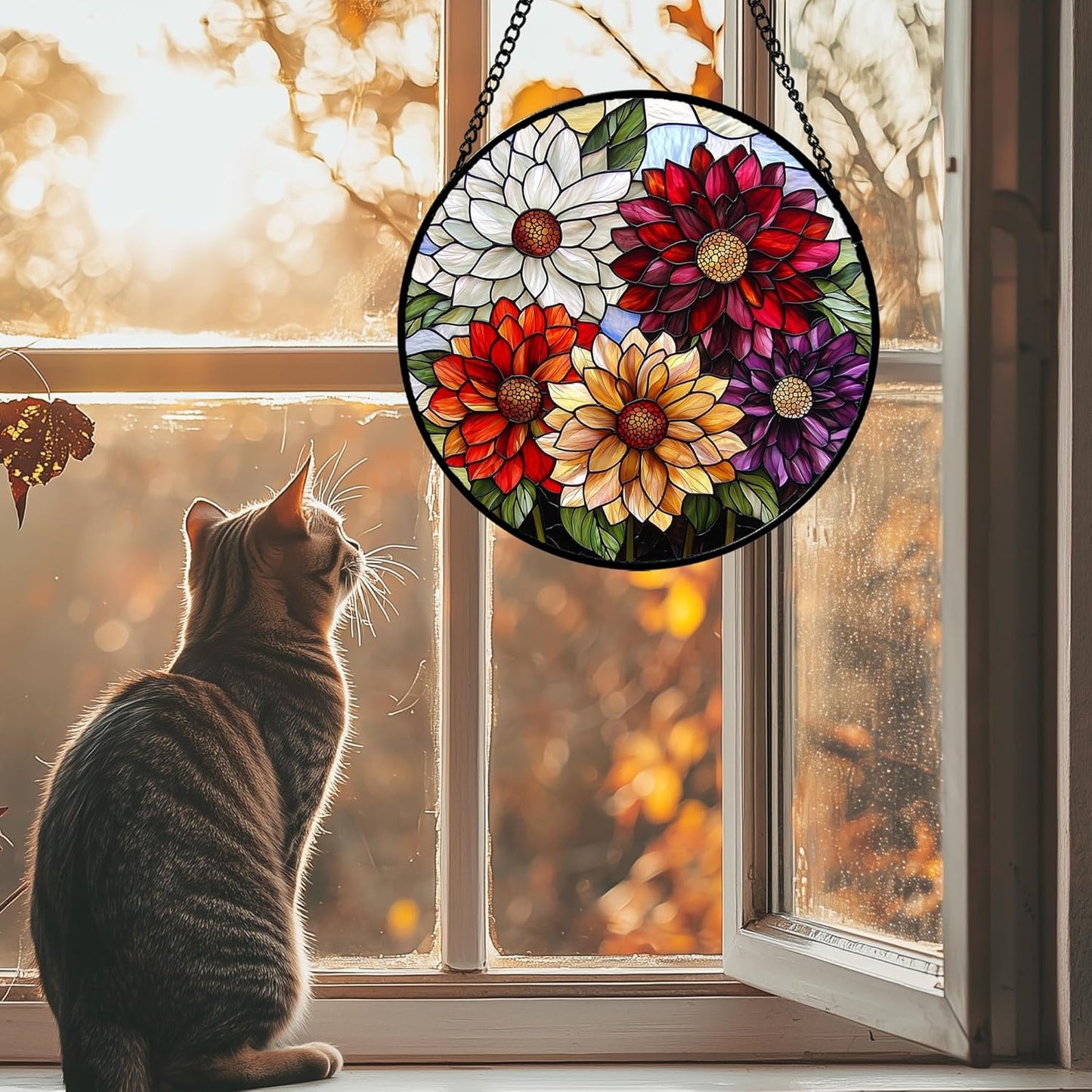 Stained Glass Window Hanging, Colorful Flowers Sun Catcher for Window Door Home Decor Plant Suncatcher Christmas Mother's Day Birthday Gifts for Women Men Mom and Nana 6.3 in