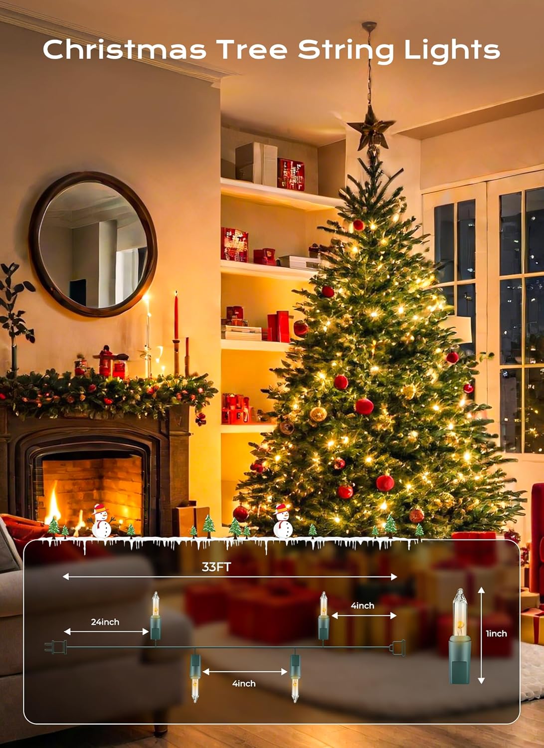 Minetom LED Clear Christmas String Lights, 100 Count 33 Feet LED Christmas Lights Bulb, Christmas Decorations Indoor, White Christma Tree Lights for Indoor Outdoor Xmas Wedding Party Festival