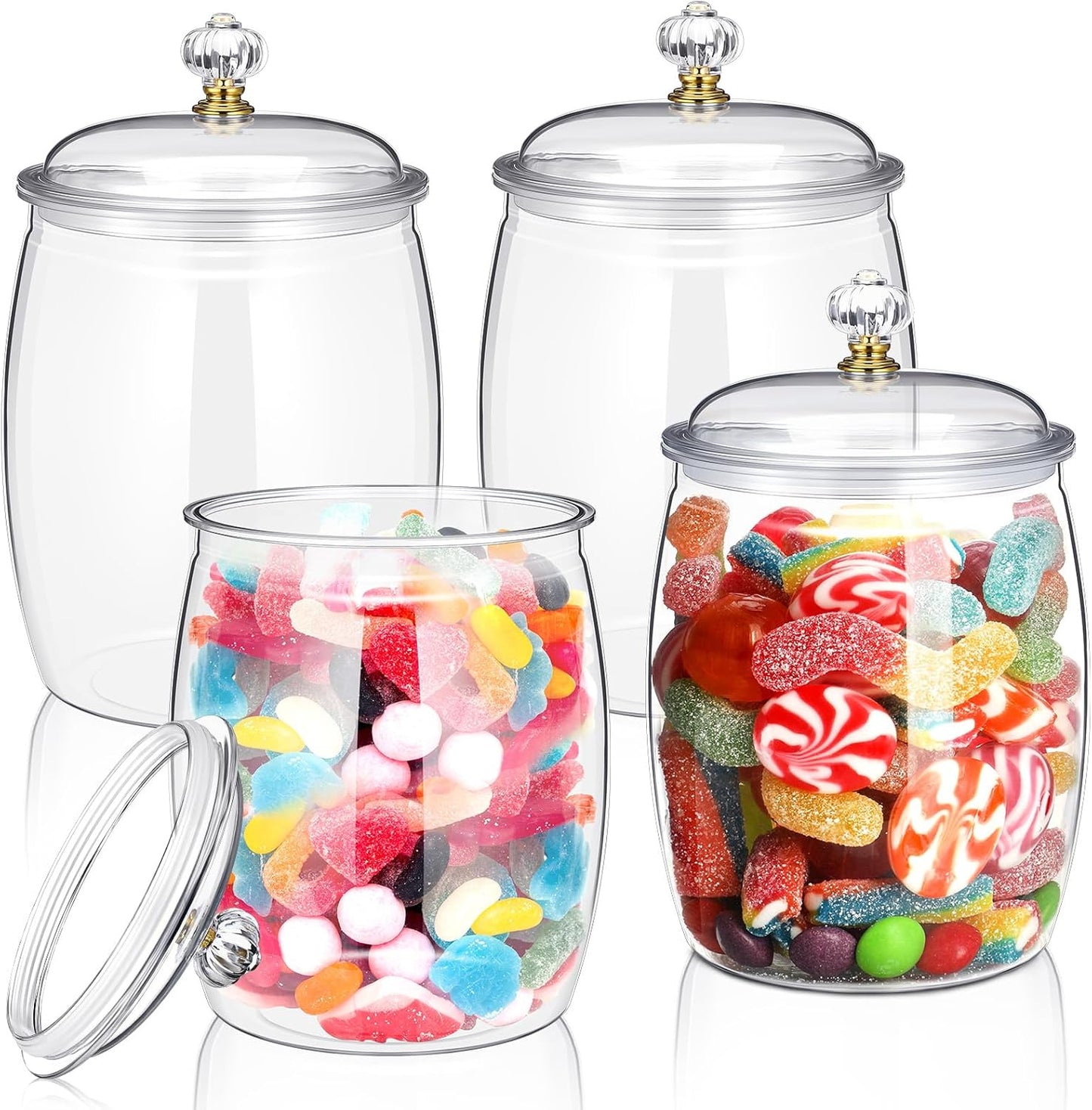 Nuogo 4 Pcs Plastic Candy and Cookie Jars with Lids Clear Cookie Container Candy Jars Large Airtight Apothecary Storage Organization for Wedding Home Kitchen Bar(42 oz)