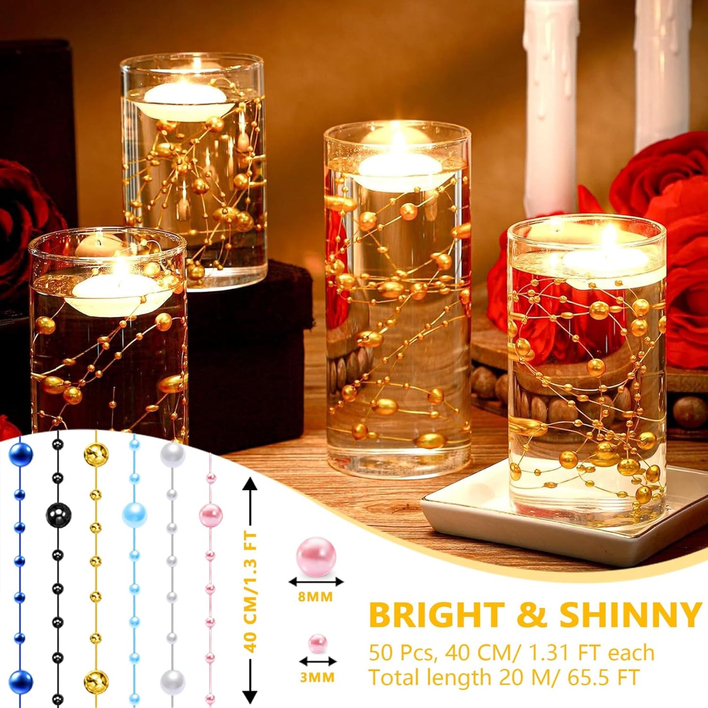 50 PCS Artificial Floating Beads for Centerpieces & Vase Fillers - Transparently BlueAB 8+3mm String Beads, Faux Pearl Strings for Wedding, Party, Crafts, and Home Decoration