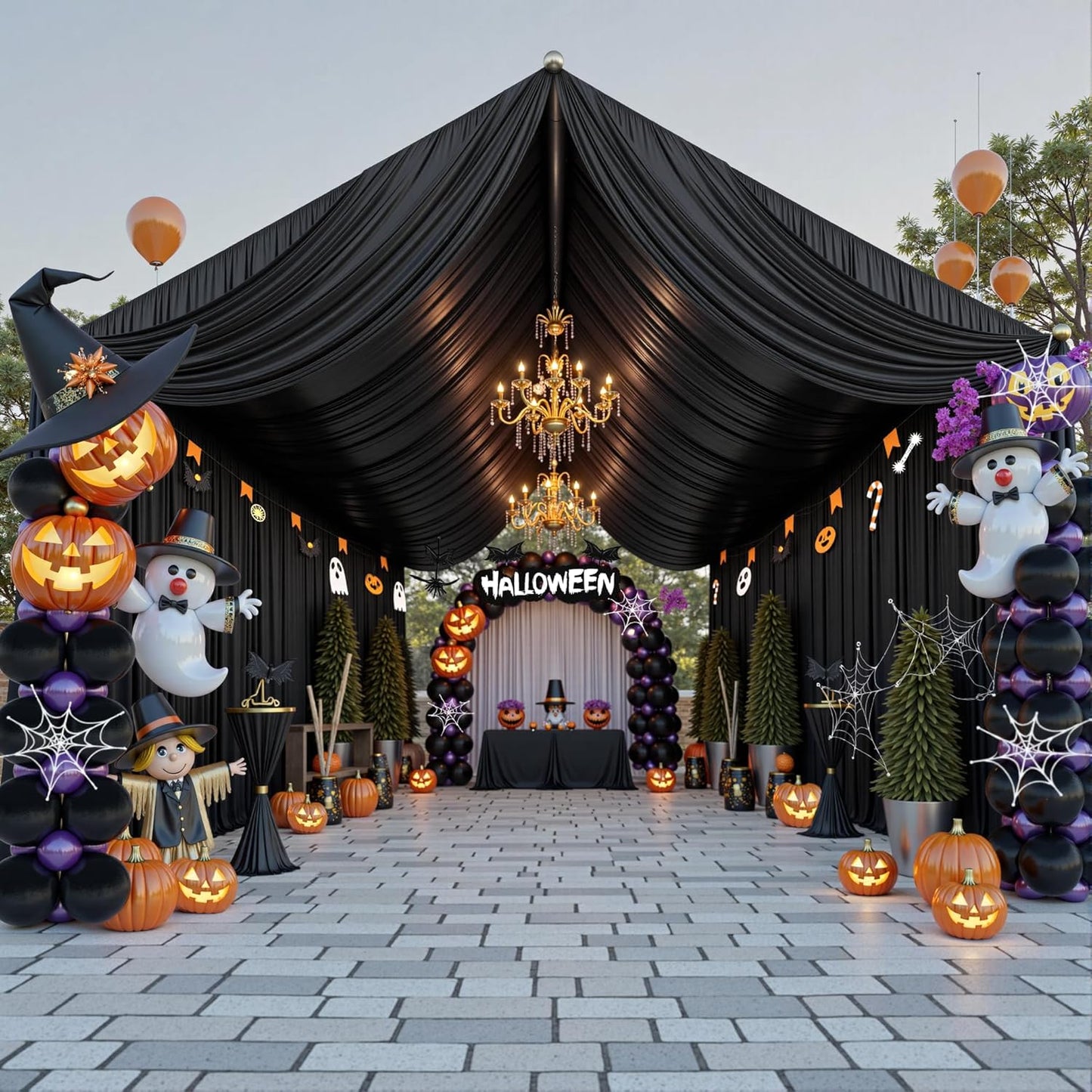 PartyVillage 8 Panels 5ftx30ft Black Ceiling Drapes for Halloween Parties – 30 FT Extra Long Thick Polyester Wrinkle-Free Drapery Tent Decor Decorations for Birthday Party Ceremony Stage Swag