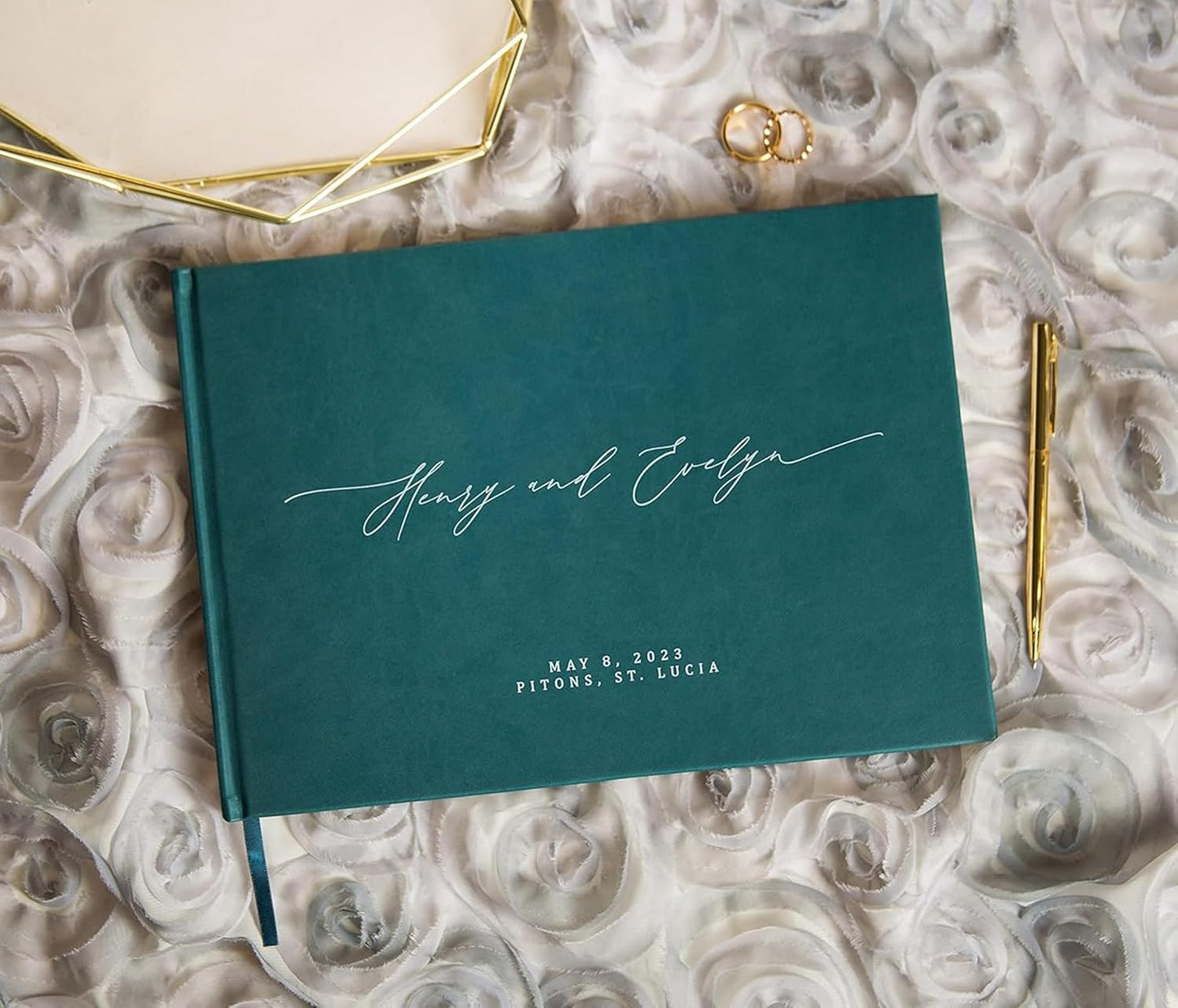 MUUJEE Personalized Guestbook in Teal - Premium Custom Modern Guest Book for Wedding Reception, Birthday Party or Events w/Bookmark Blank Pages for Signing 11.5 x 8.5 inches