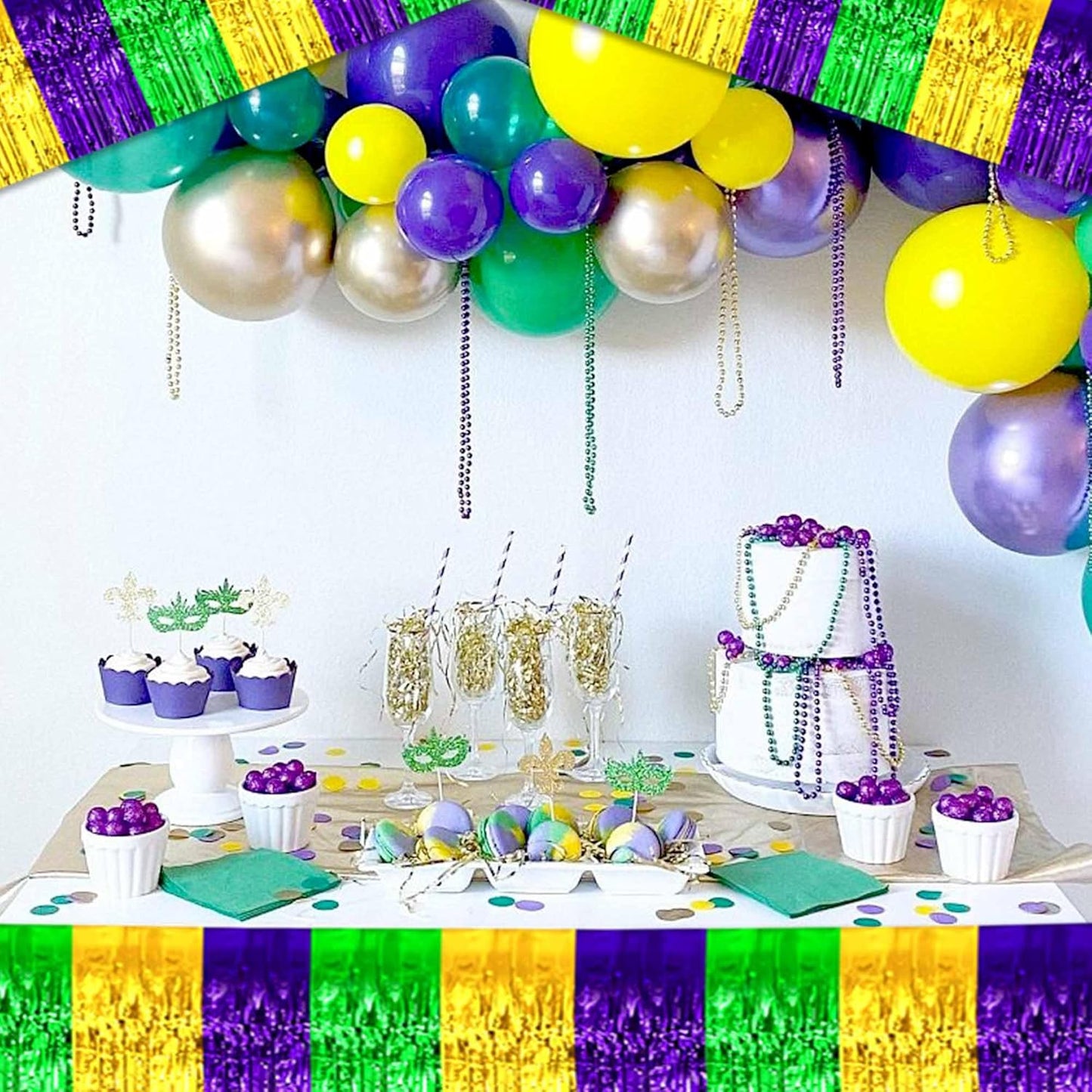 4 Pack 10 Ft Gold Green Purple Foil Fringe Garland Metallic Streamers Tinsel Banner Wall Hanging Garland Backdrop for Parade Floats, Halloween, Christmas, Thanksgiving, New Year Party Decorations