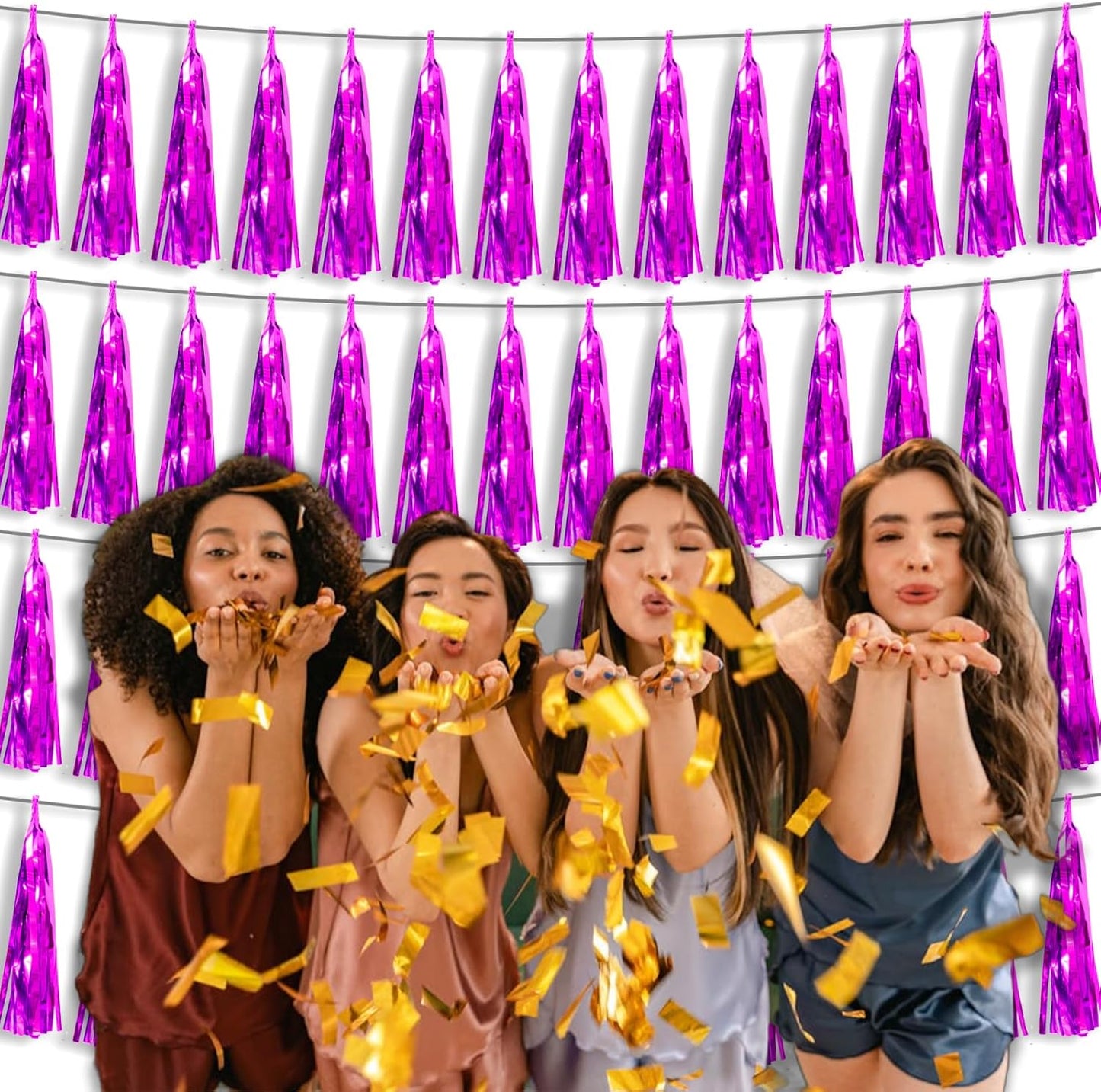 4P Hot Pink Foil Fringe Tassel Banner Garland Metallic Tinsel Streamers Wall Hanging Curtain Backdrop Banners for Parade Floats, 2024 Graduation Decorations, Wedding Party Decoration