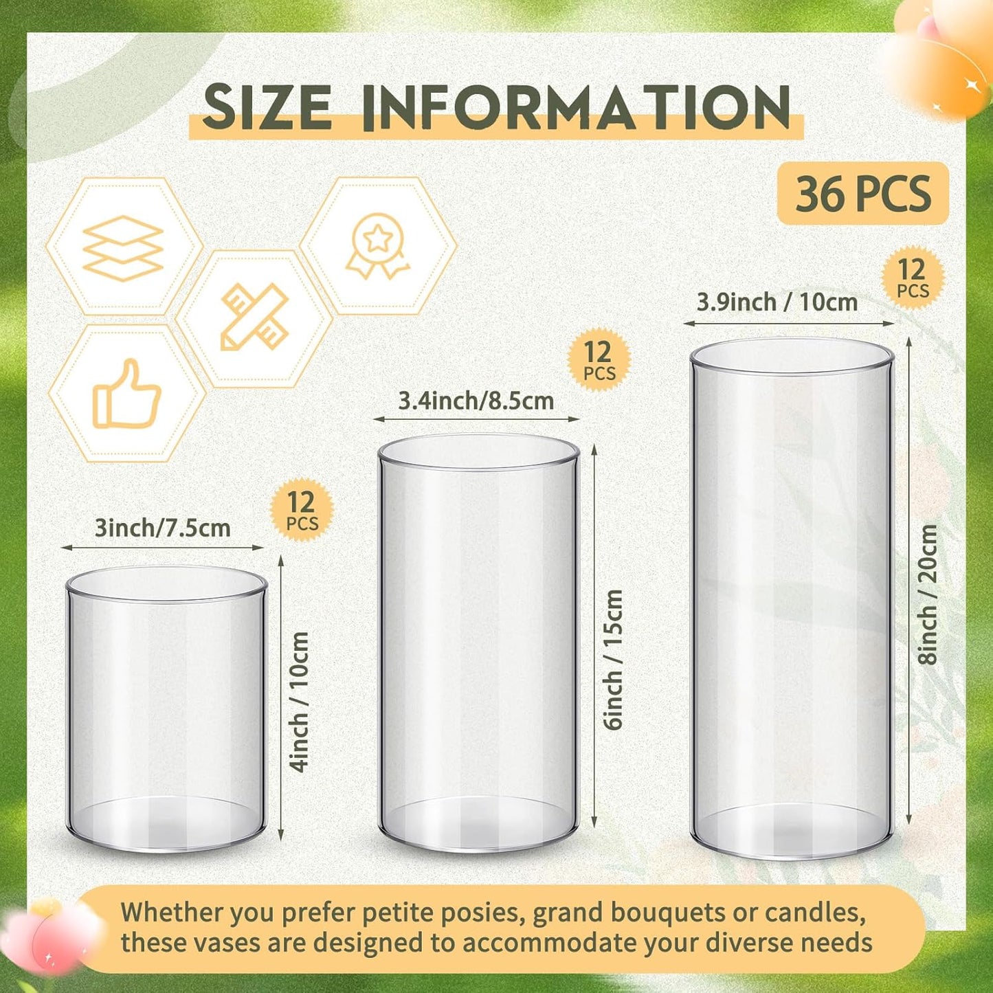 Nuogo 36 Pcs Plastic Cylinder Vases Tall Clear Flower Vases for Centerpieces Hurricane Candle Holder for Home Wedding Office Party Formal Dinners Decorations (4''/6''/8'')