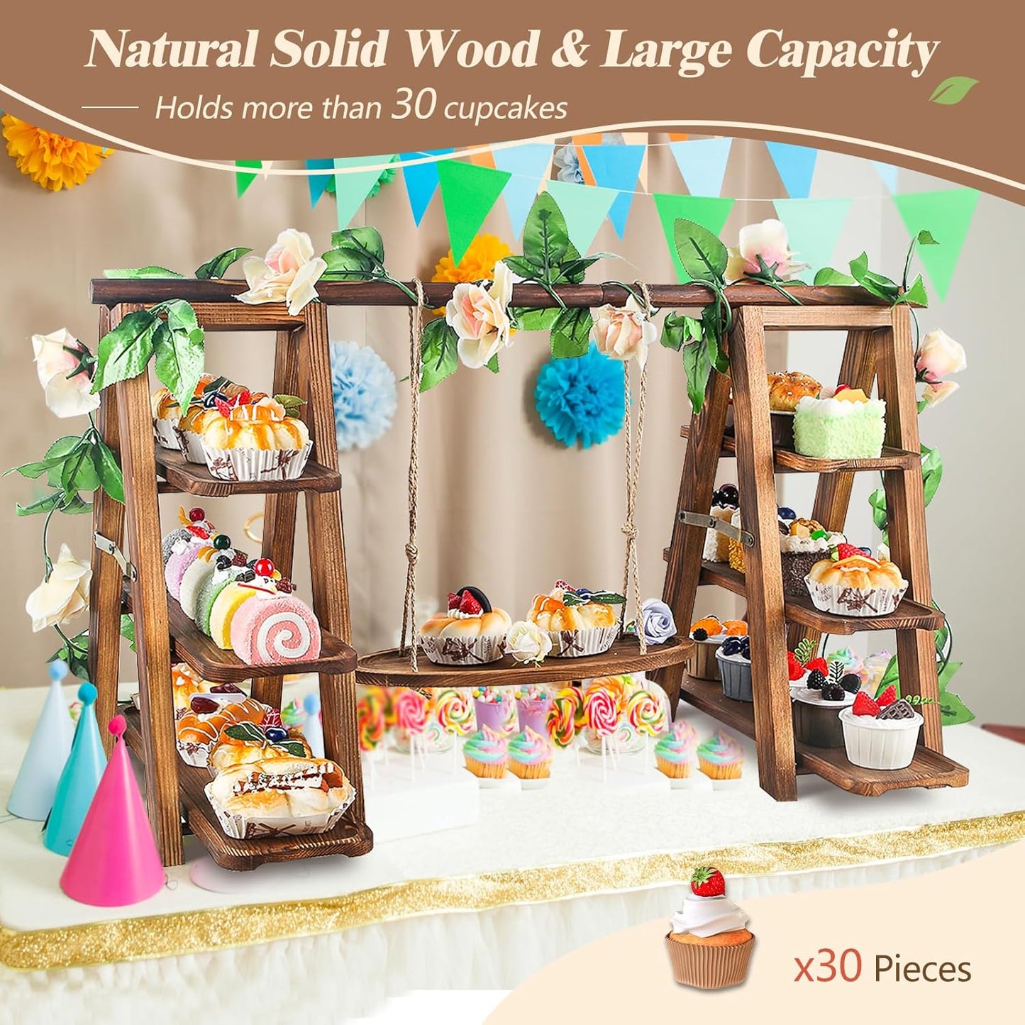 Wooden 3 Tier Cupcake Stand with Swing and Flower Decoration Serving Removable Tray Display Serving Ladder Foldable Stand with Serving Platter Tray Party Food Display Set for Cake Snack Fruit Chips Bread Centerpieces Catering
