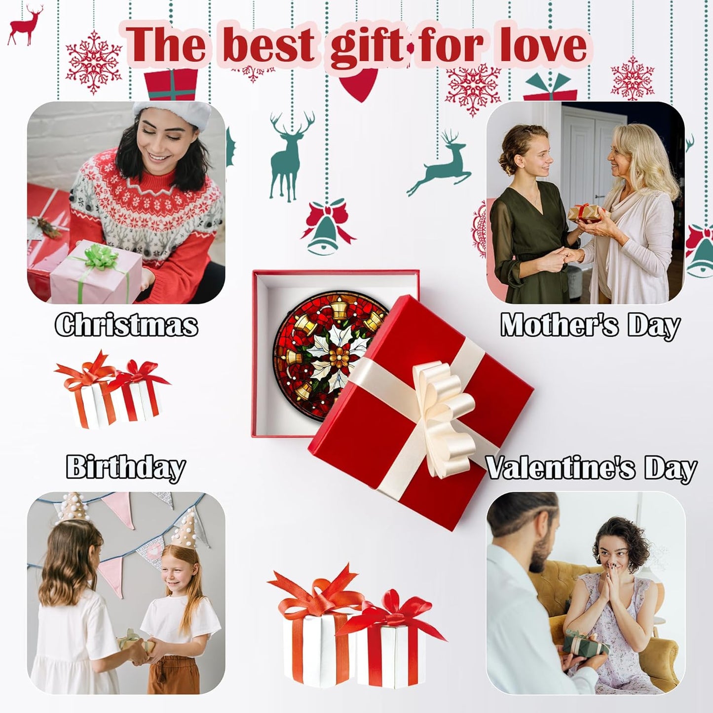 Stained Glass Window Hanging - Golden Bells Flowers Suncatcher for Doors Home Christmas Decoration Winter Sun Catcher Thanksgiving New Year Birthday Gift for Friend Women Men Mom Nana 11.8 in