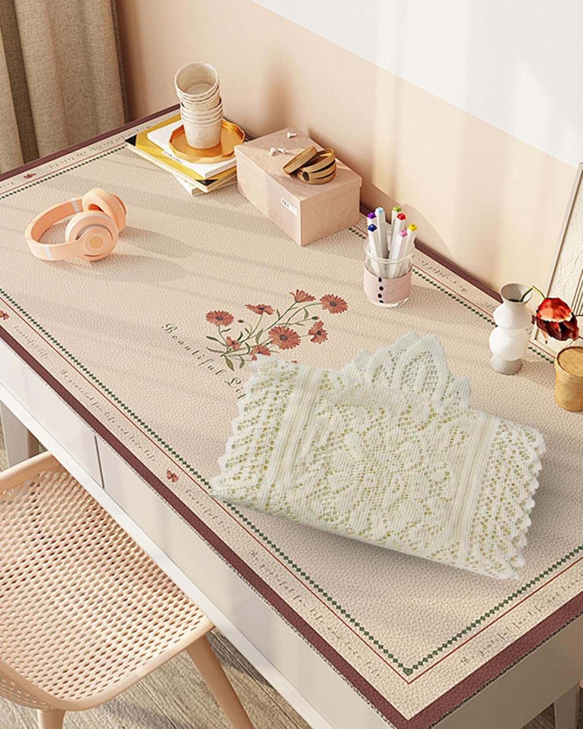 Tinsow 2 Pack Cotton Crochet Lace Rectangular Table Runner Dresser Scarf Doilies (Beige Without Tassels)