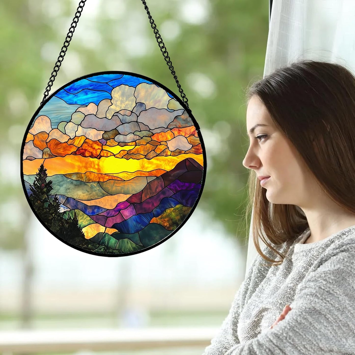Stained Glass Window Hanging, Abstract Clouds Mountains Landscape Suncatcher for Doors Window Home Sun Catchers Decor Mother's Day Birthday Gifts for Women, Men Mom 6.3 in