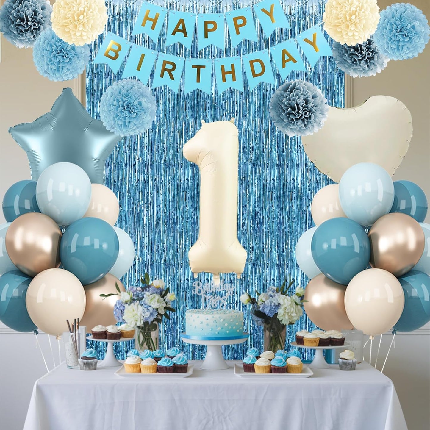 Dusty Blue 1st Birthday Decorations Beige Cream Number 1 Balloon with Blue Gold Happy Birthday Banner Fringe Curtain Paper Pom Poms Nude White Sand Champagne Star Foil Balloons Party Decor