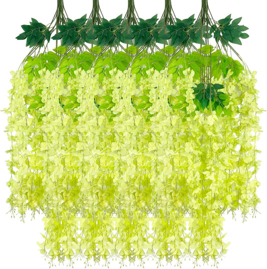 24 Pack Green Wisteria Hanging Flowers Garland, 3.77 Feet Artificial Flower Vines, Fake Wisteria, Artificial Vines Hanging Garland for Backdrop Outdoor Yard Garden Decor