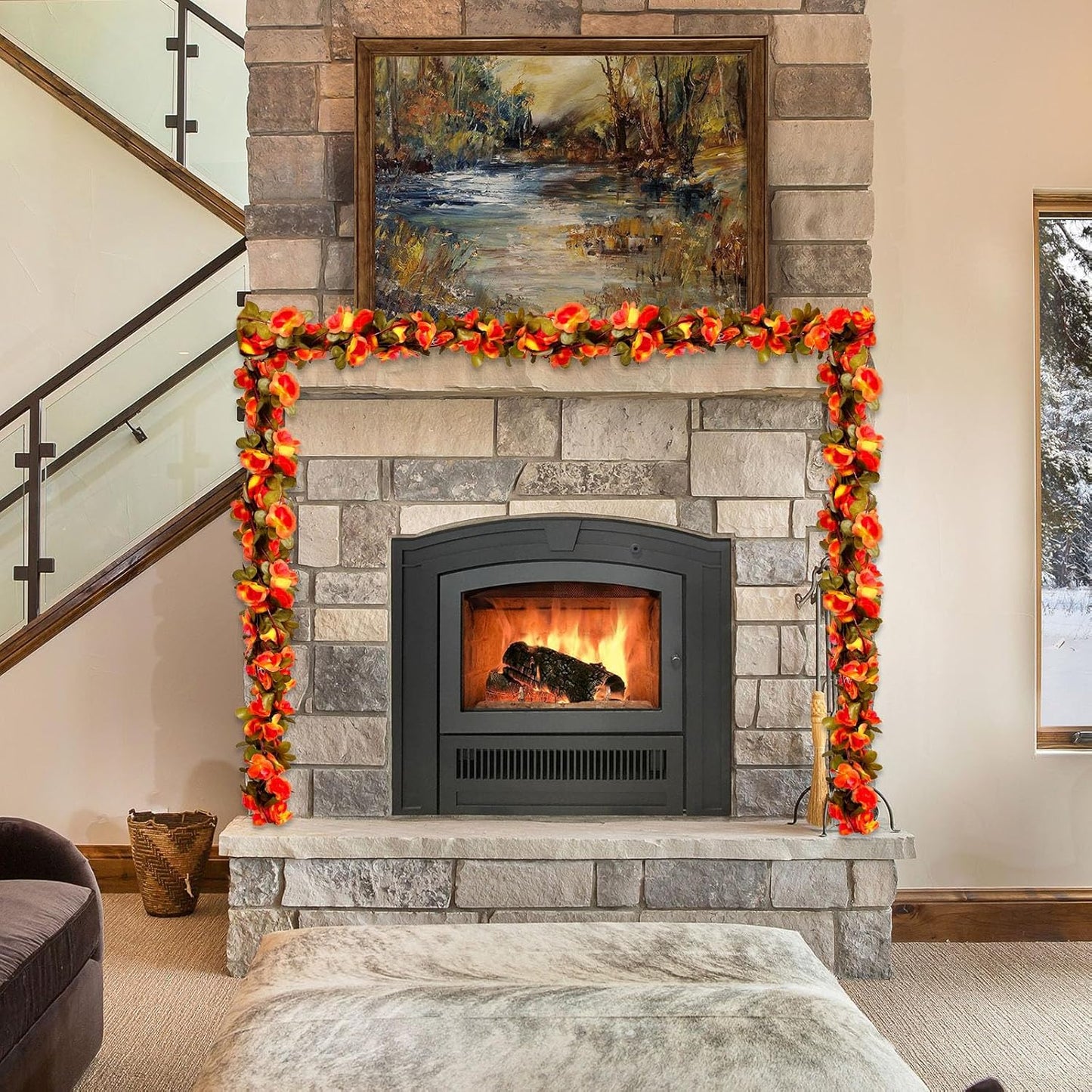 8Pcs 63Ft Orange Rose Garland, Fake Rose Hanging Flowers, Artificial Flower Vine, Hanging Floral Vine Garland for Wedding, Birthday Party, Wall Arch, Halloween, Christmas Garden Backdrop Decor