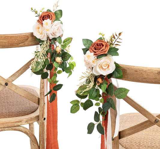 Ling's Moment 8 Wedding Artificial Aisle Pew Flowers Chair Decorations Arrangements With Chiffon Ribbons Sunset Terracotta for Ceremony Reception Chair Back Floral Decor Reception Church Party Outdoor
