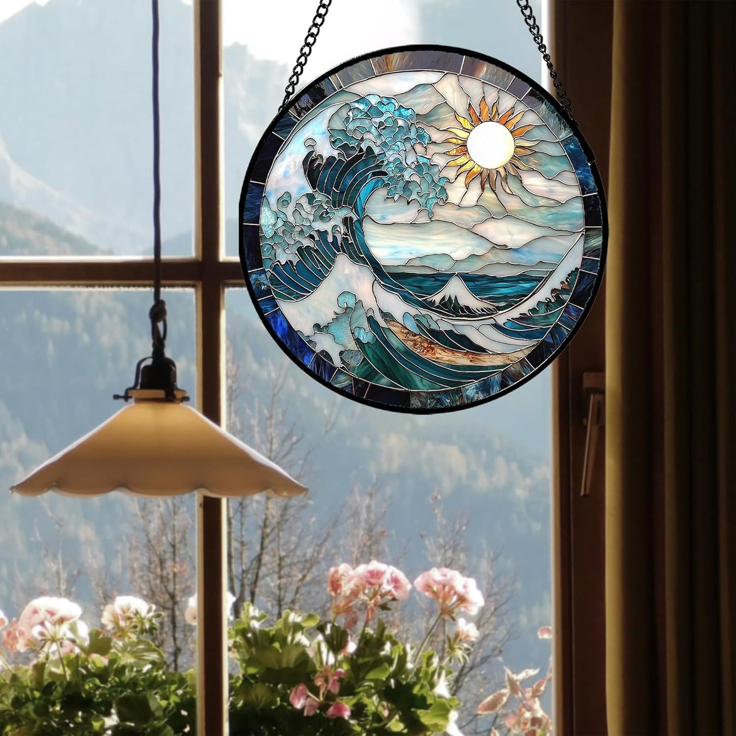 Stained Glass Window Hanging - White Sun Big Wave Suncatcher for Door Terrace Garden Home Decor Blue Ocean Landscape Sun Catcher Birthday Gifts for Lovers Women Men Dad Mom Nana 11.8 in