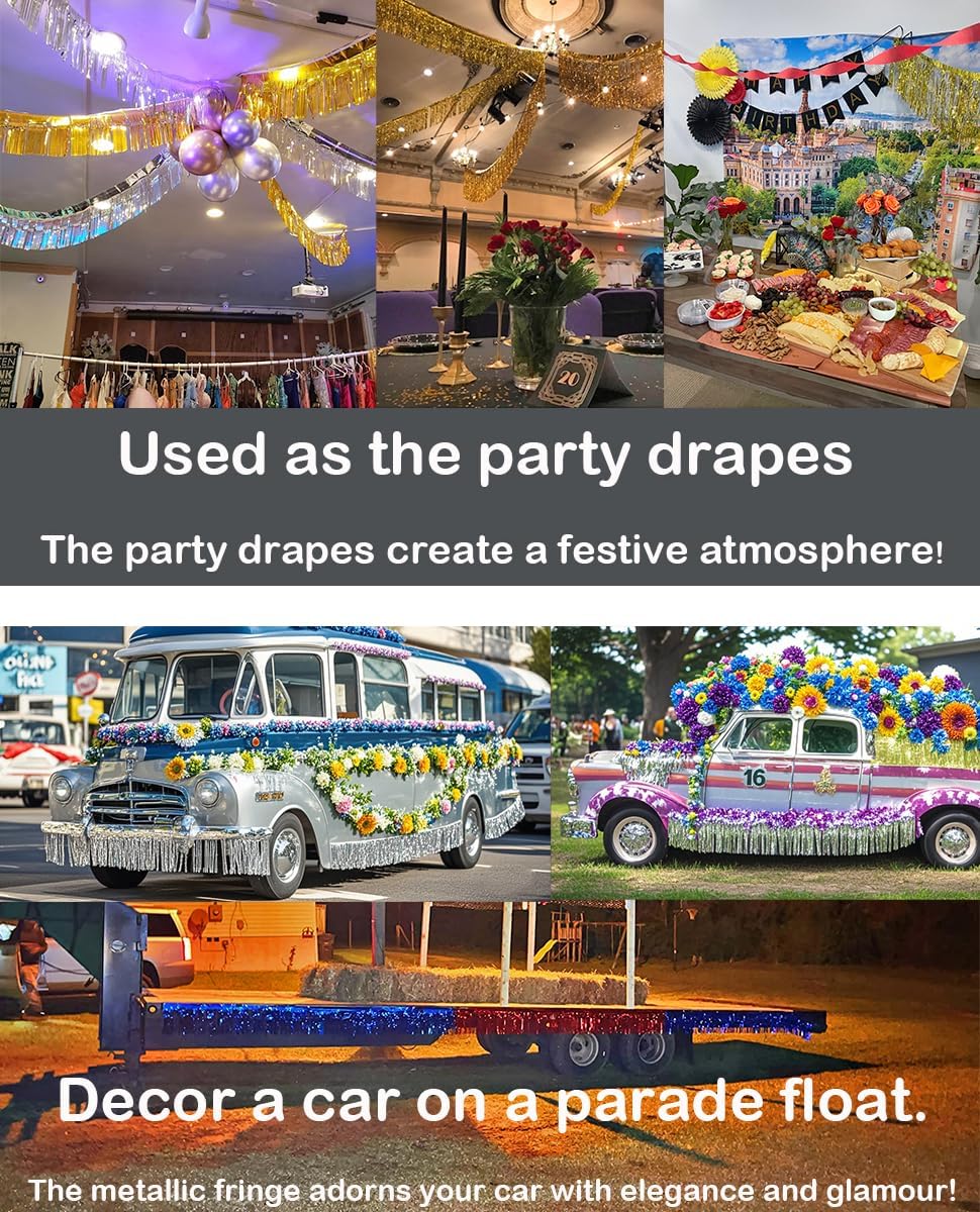 4 Pack Total 40 Feet Foil Fringe Garland Metallic Wall Hanging Drapes Tassel Skirting Tinsel Streamers Decorations for Parade Float Trailer Mardi Gras Party Birthday Wedding (Gold)