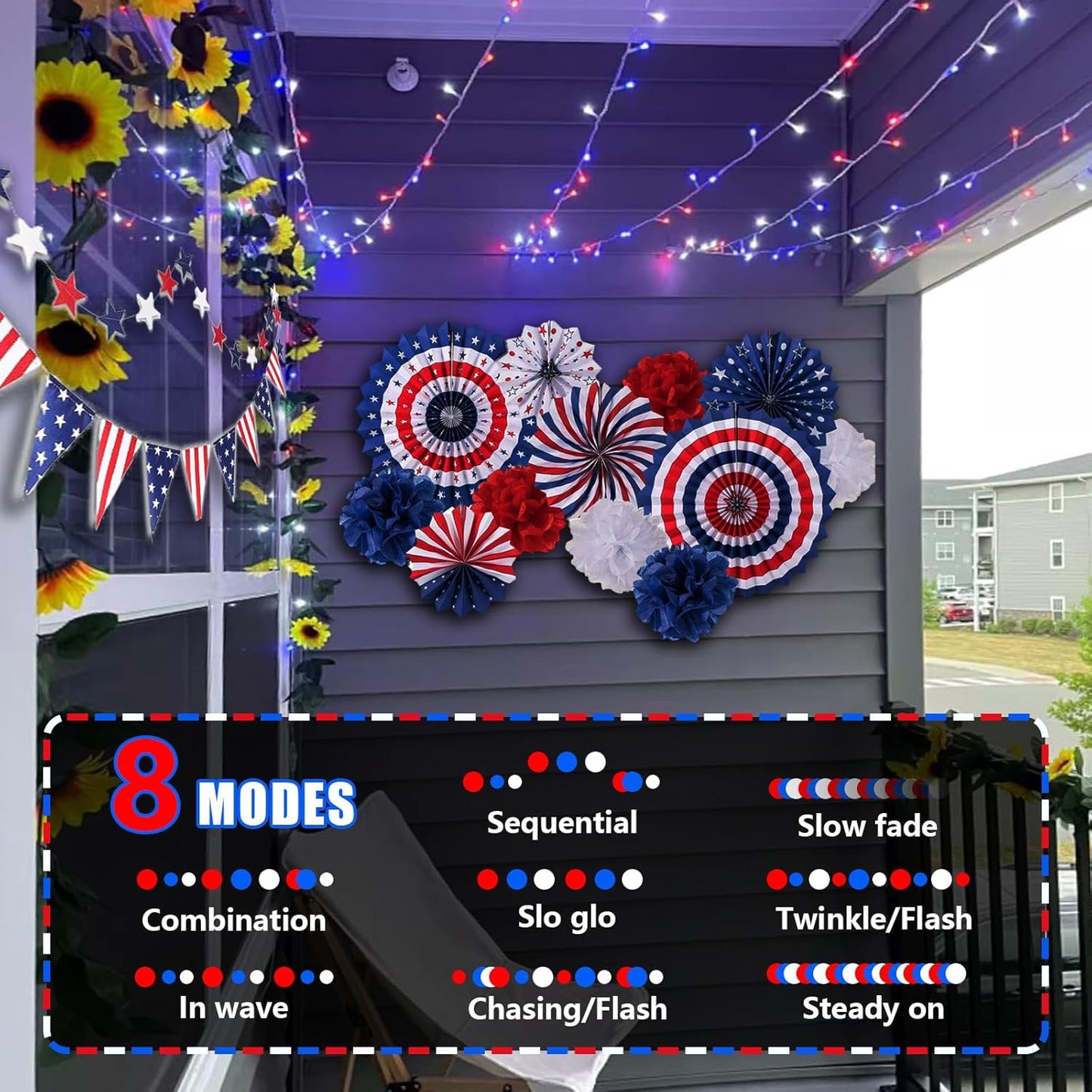 YEGUO 165ft 500 LED Red White and Blue Lights, 4th of July Decorations String Lights Plug in Indoor Outdoor, 8 Modes Clear Wire Patriotic Light for Independence Day Holiday Memorial Day Party Decor
