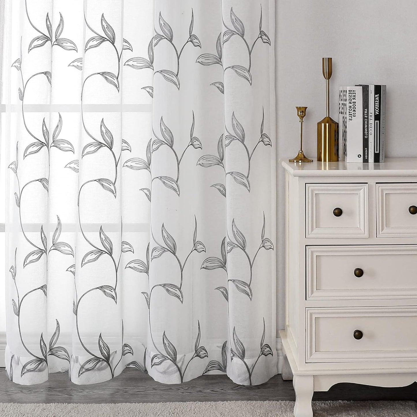 VISIONTEX Sheer Curtains 108 Inch Length 2 Panels, Decor Iron Grey Vine Leaves Embroidery on White Voile Pair, Accent Semi Window Drapes for Kitchen, Living Room and Bedroom, 54" W x 108" L