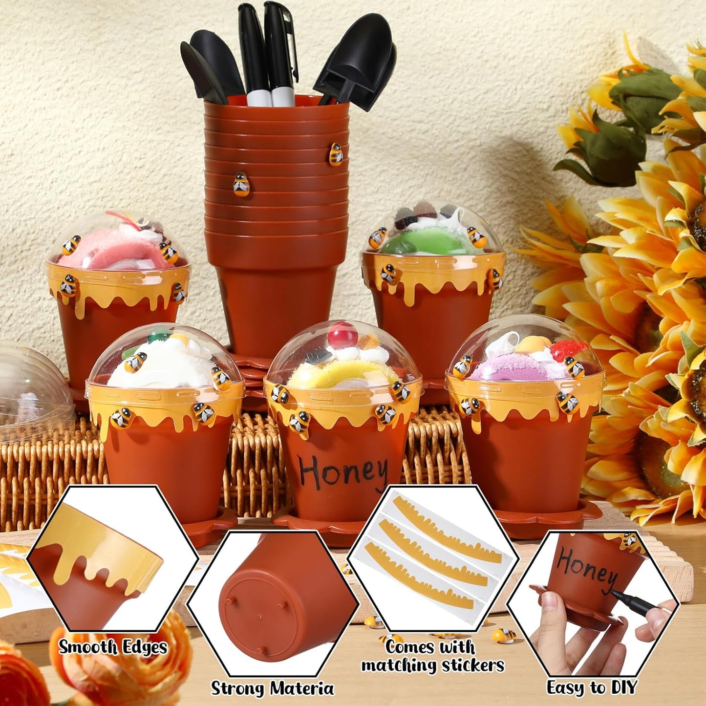 30 Sets Mini Honey Bee Pots with Lids, Spoon, Saucers and Bee Charms, 6.76 OZ Plastic Honey Jars for Cupcake Dessert Themed Party Favor Planter Baby Shower Birthday Wedding Decoration (Brown)