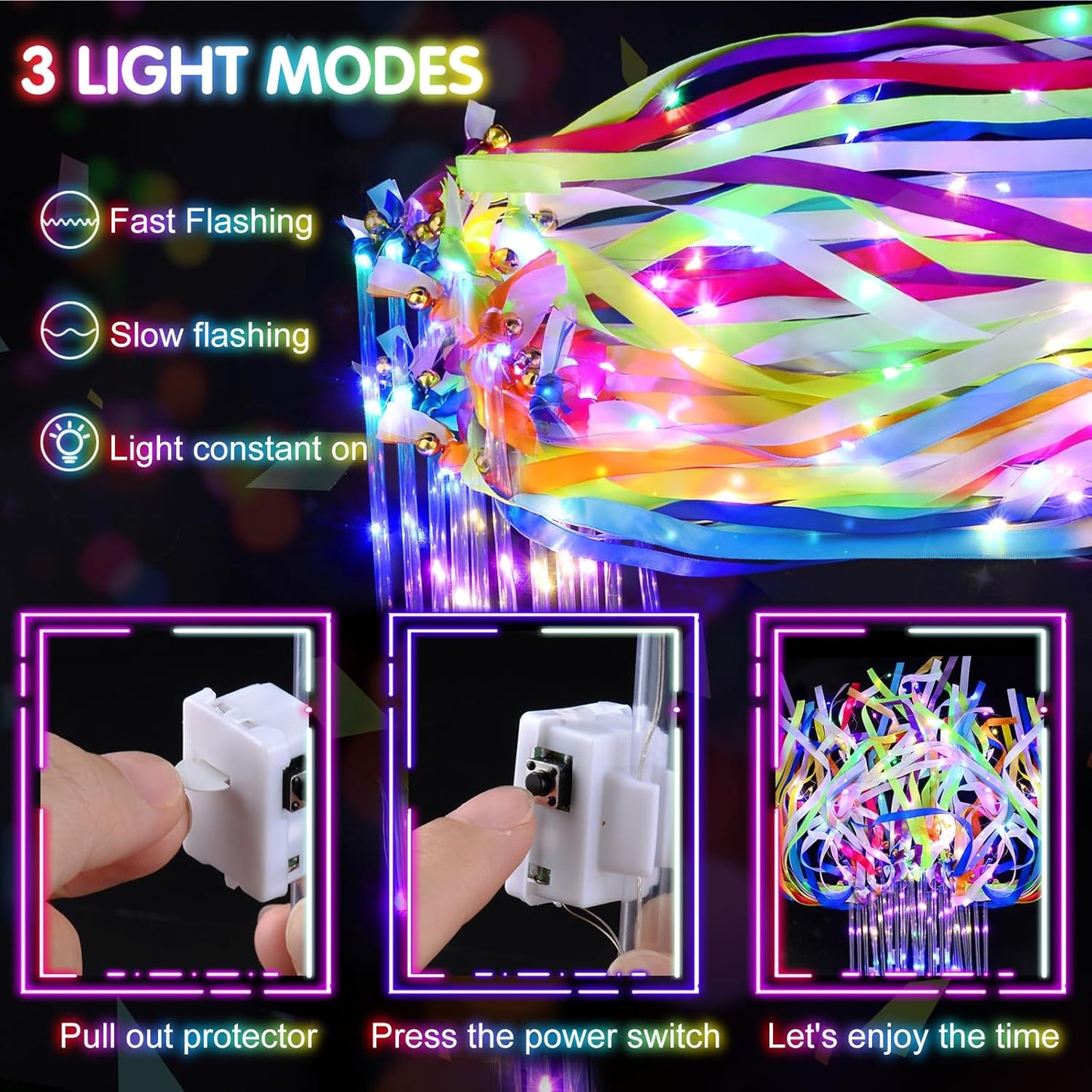 100 PCS Light Up Wands for Wedding, Wedding Favors with 3 Colorful Flashing Modes, LED Silk Fairy Wands with Bells for Wedding, New Year, Raves, Concert, Birthday, Party Streamers