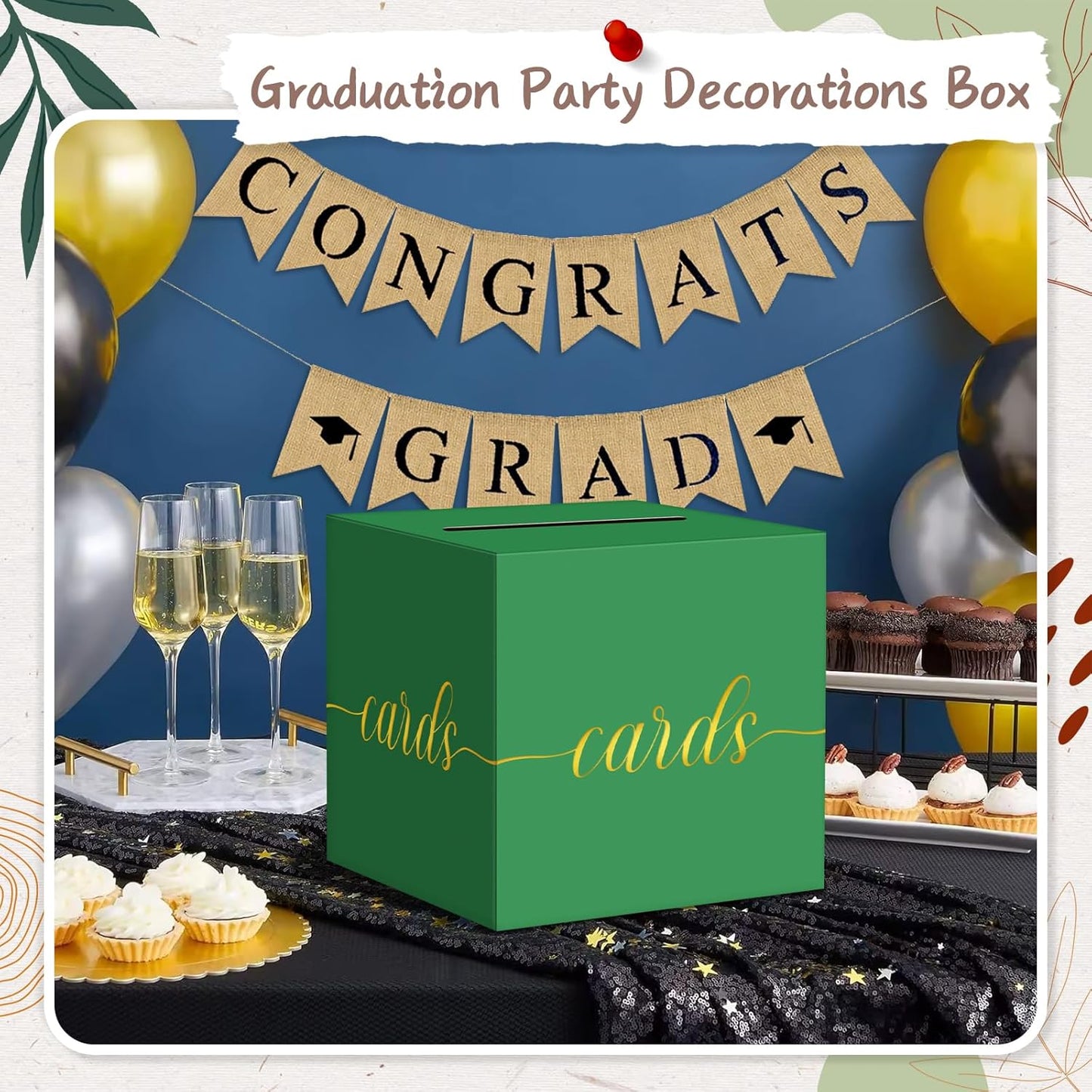 QIKSION Green Graduation Card Box, Gold Foil Gift Card Box for Graduation, Party, Wedding Reception, Birthday, Baby Shower, Raffle