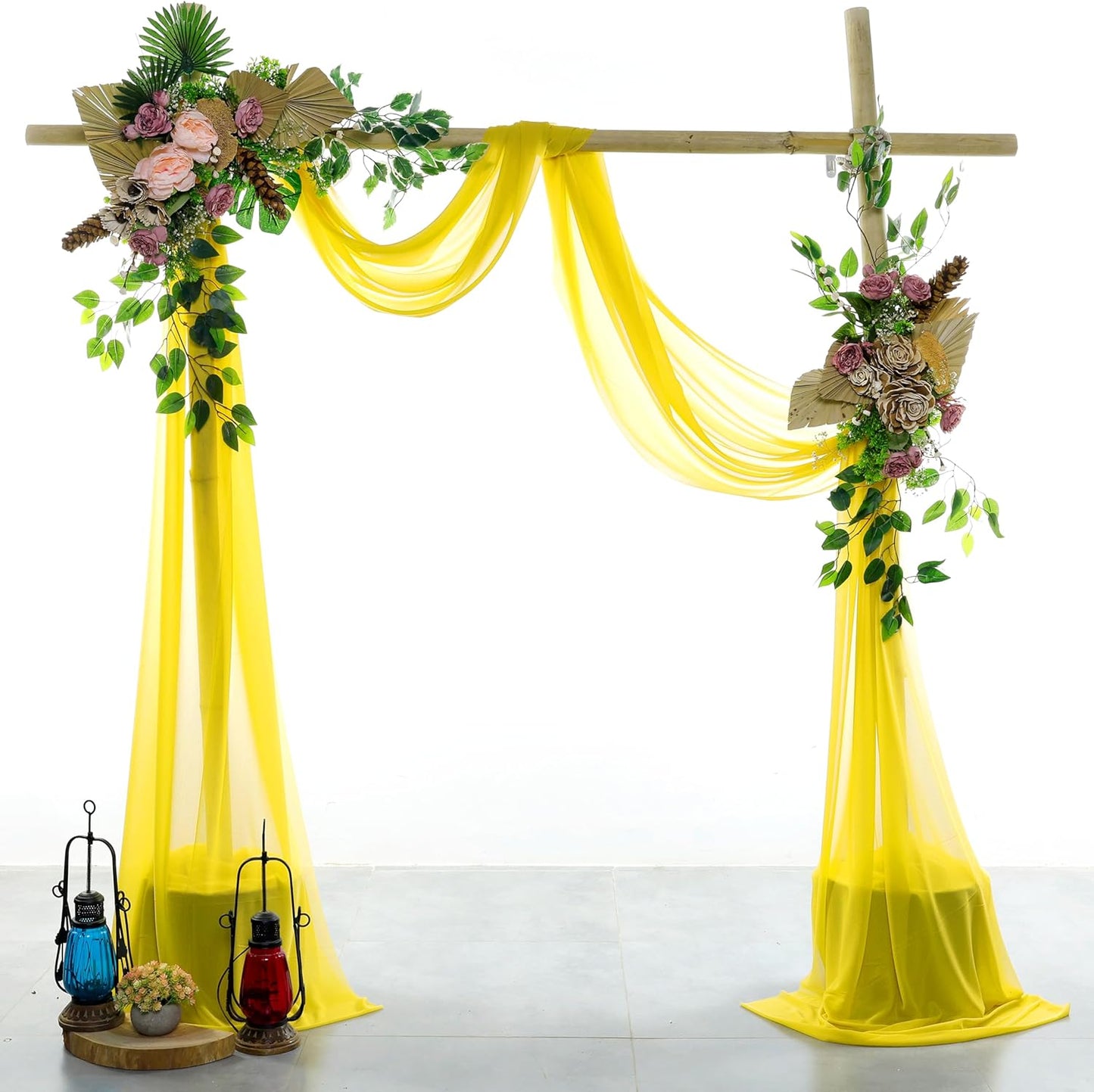 VDS Pack of 2 Panel (30 Inch X 30 Feet) Wedding Arch Draping Fabric Sheer Chiffon Fabric Drapery for Wedding Ceremony Reception Swag Backdrop Canopy Chuppah ARBO Altars Decoration (Yellow)