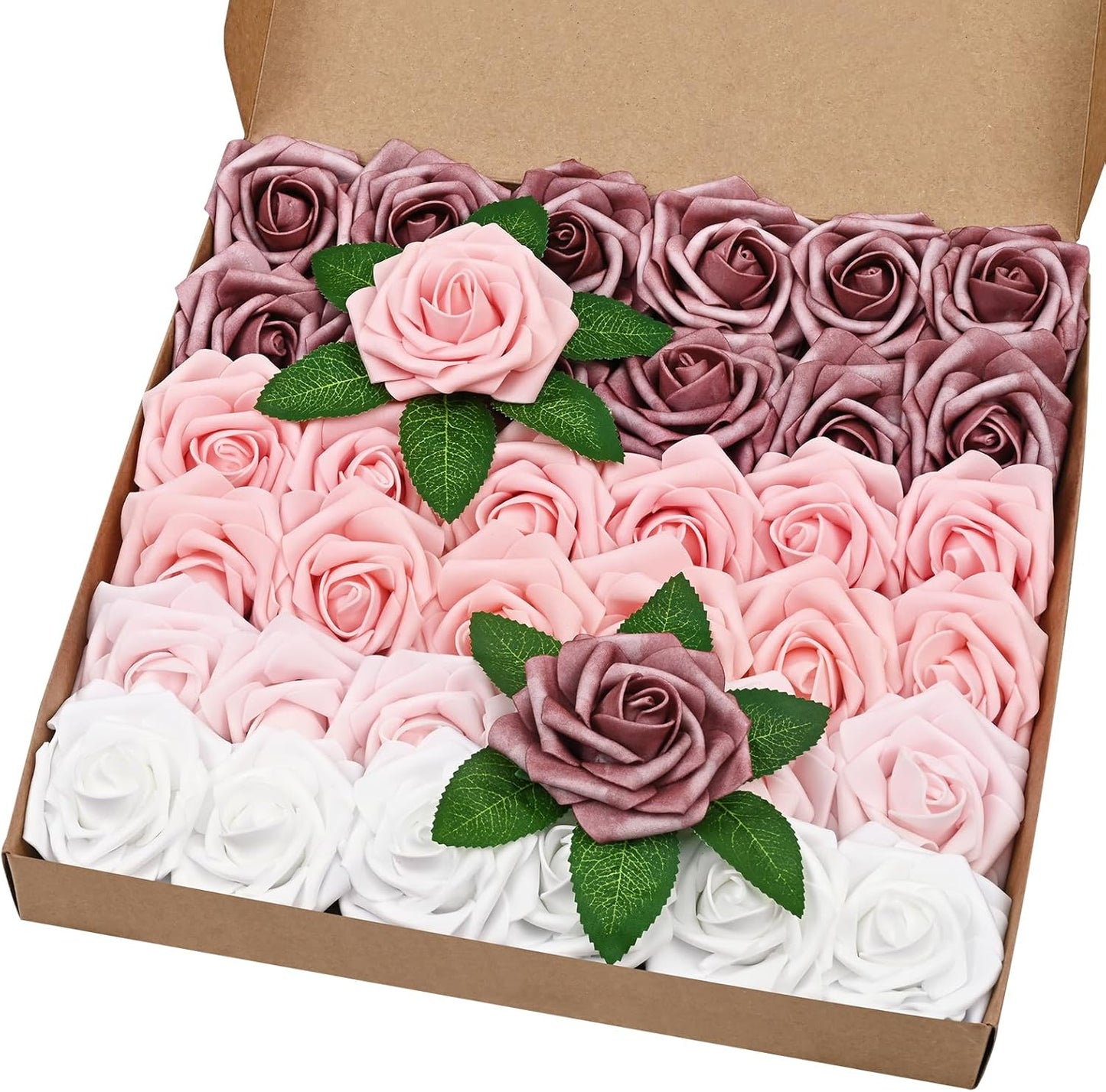 BLEUM CADE 36Pcs Artificial Flowers Fake Roses with Stems, Gradient Dusty Rose Boxed Foam Roses for DIY Bouquets Centerpieces Wedding Party Arrangement Bridal Shower Decor