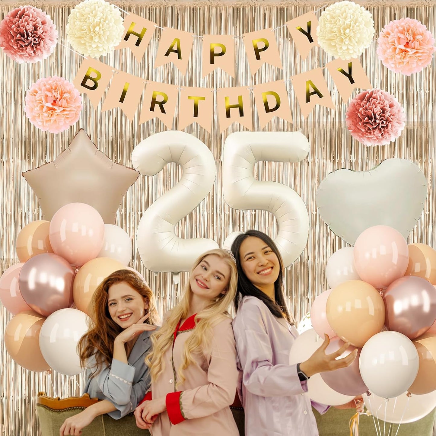 Beige 25th Birthday Decorations for Her Cream Number 25 Balloon Nude Gold Happy Birthday Banner Fringe Curtain Paper Pom Poms Blush White Sand Champagne Star Foil Balloons Neutral Boho Party Decor