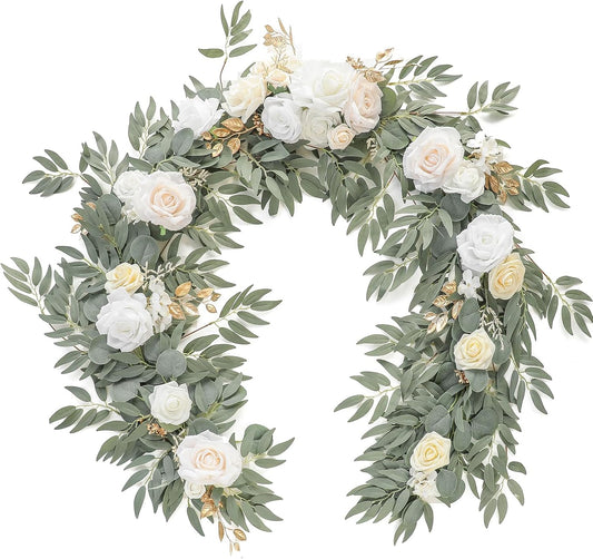 Floroom 6ft Artificial Eucalyptus Garland with Flowers Fake Greenery Faux Floral Vine Garland for Table Decor Wedding Centerpieces Bridal Shower Party Decorations, Cream White