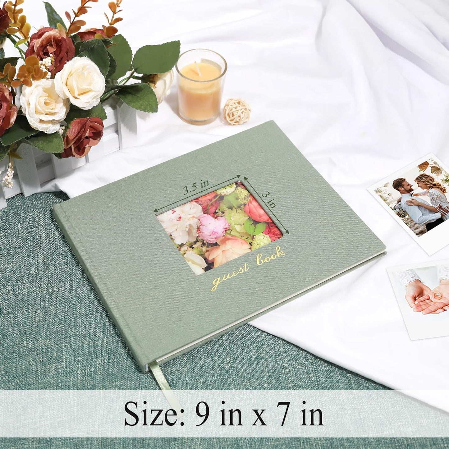 SUNEE Wedding Guest Book - Polaroid Guest Book Weddings Reception, Linen Cover 7" x 9" Guest Book for Baby Shower, Birthdays and Special Events, 100 Blank Pages for Wedding Sign in and Photos, Green