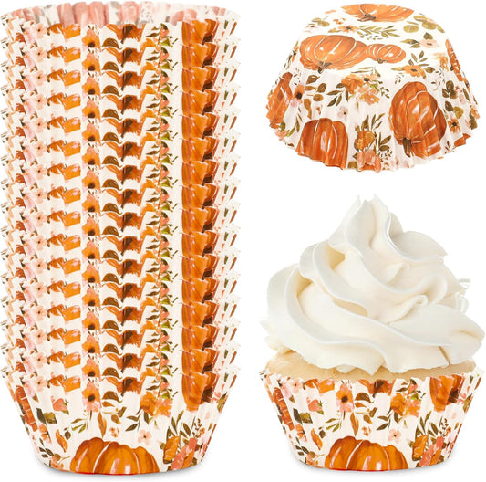 Whaline 300Pcs Fall Cupcake Liners Watercolor Pumpkin Flower Paper Baking Cups Autumn Floral Muffin Liner Cake Paper Cups Storage Container for Thanksgiving Party DIY Craft, 2x1.2 Inch
