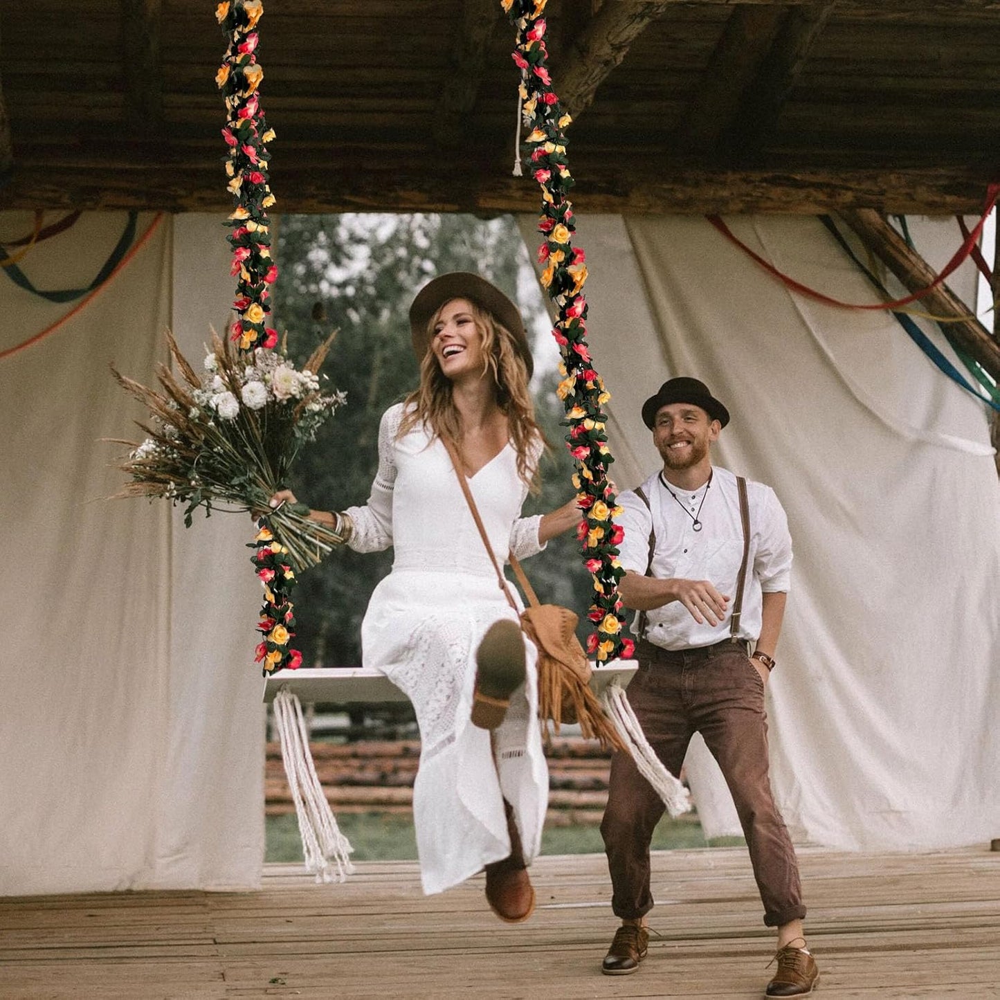 16Pcs 126Ft Pink&Yellow Rose Garland, Fake Rose Hanging Flowers, Artificial Flower Vine, Hanging Floral Vine Garland for Wedding, Birthday Party, Wall Arch, Halloween, Christmas Garden Backdrop Decor