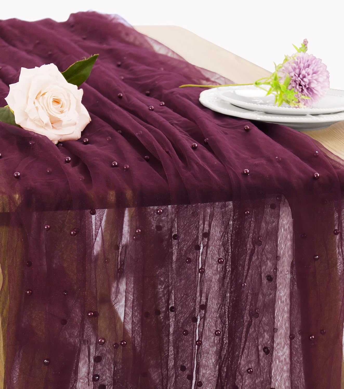 Pearl Table Runner 29 x 120 Inch Tulle Fabric Lace Table Runners Boho Rustic Tablecloth for Bridal Shower Birthday Party Wedding Arch Aisle Veil Dessert Table Decor(1 Pack, Burgundy)