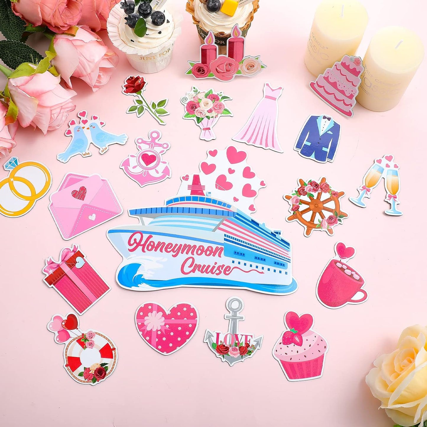 Oudain 19 Pcs Honeymoon Cruise Door Decorations Wedding Cruise Door Magnets Anniversary Sign Wedding Car Ship Magnets for Honeymoon Carnival Party Decor