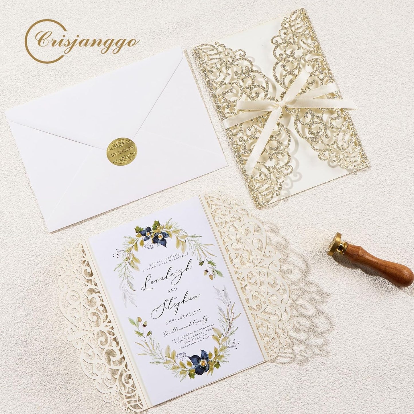 25pcs Glitter Wedding Invitations with Envelopes and RSVP Cards Gold Personalized Laser Cut Party Invitation with Ribbons for Wedding Engagement Baby Bridal Shower Quinceanera Birthday Party Invite