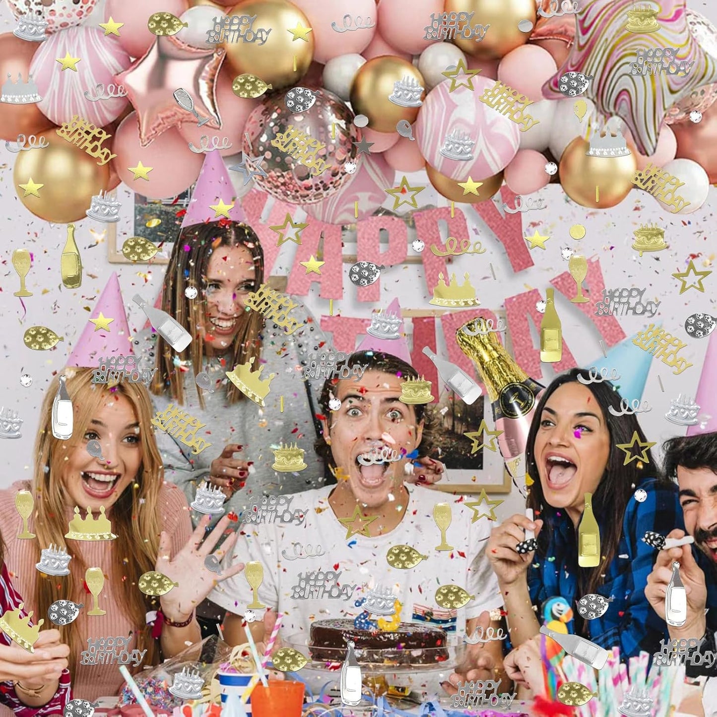 VHUWE Happy Birthday Confetti, 1.6 oz Champagne Gold Silver Cake Balloon Star Goblet Bottle Swirl Glitter Confetti for Boys Girls Kids Women Men Happy Birthday Party Table Decorations Supplies