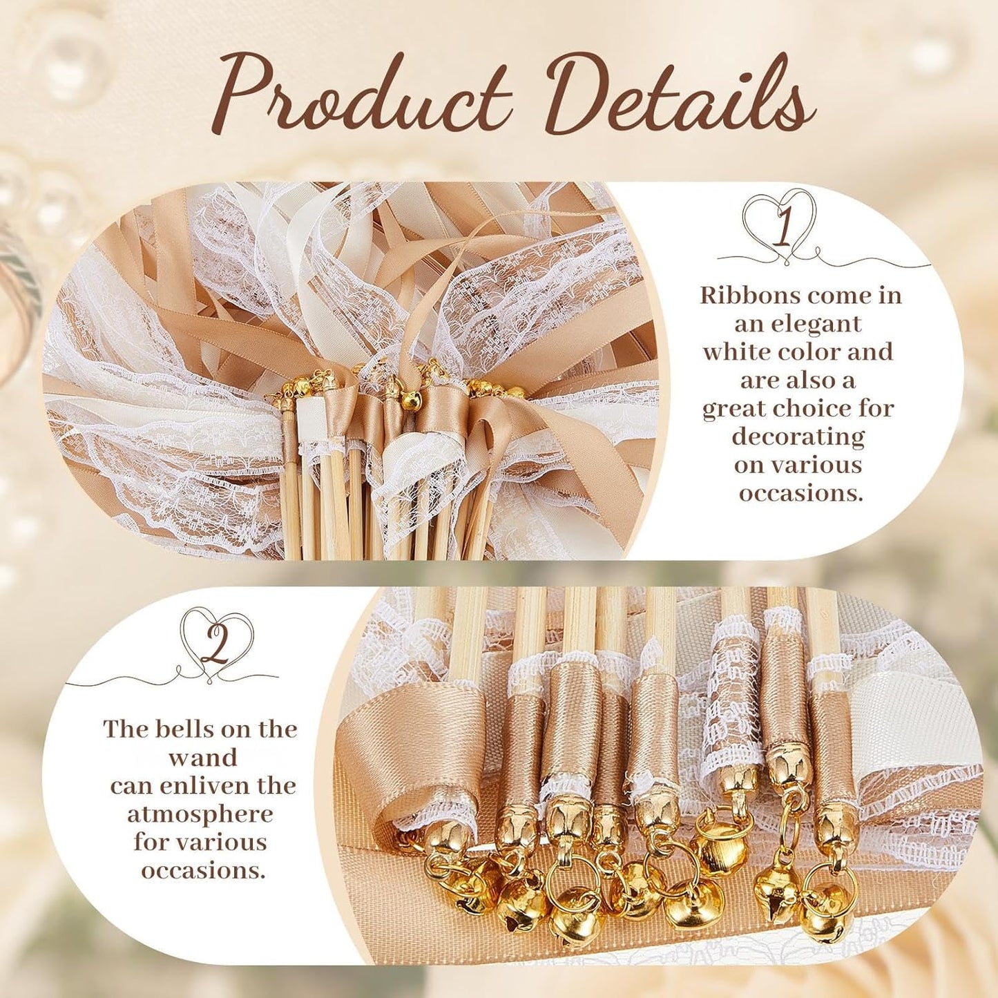 Taiyin 150 Pcs Lace Ribbon Stick Wands Wedding Wand Streamers with Bell Silk Ribbon Fairy Wand Wedding Send Off Streamer for Baby Shower Holiday Party Favors(Champagne, Beige)