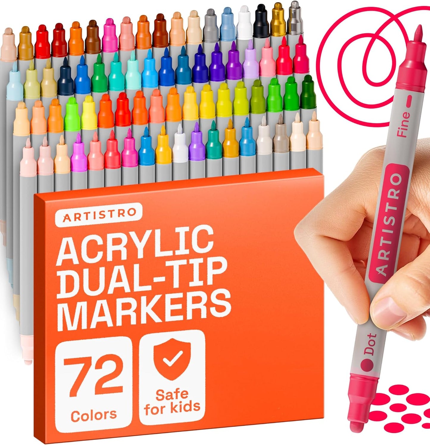 ARTISTRO Vibrant Acrylic Paint Markers for Rock, Fabric, Glass, Wood, Paper, Ceramic, Canvas & More - 72 Dual-Tip Paint Pens (Dot & Fine) - Quick Dry, Teacher Classrooms Must Have, Drawing Markers