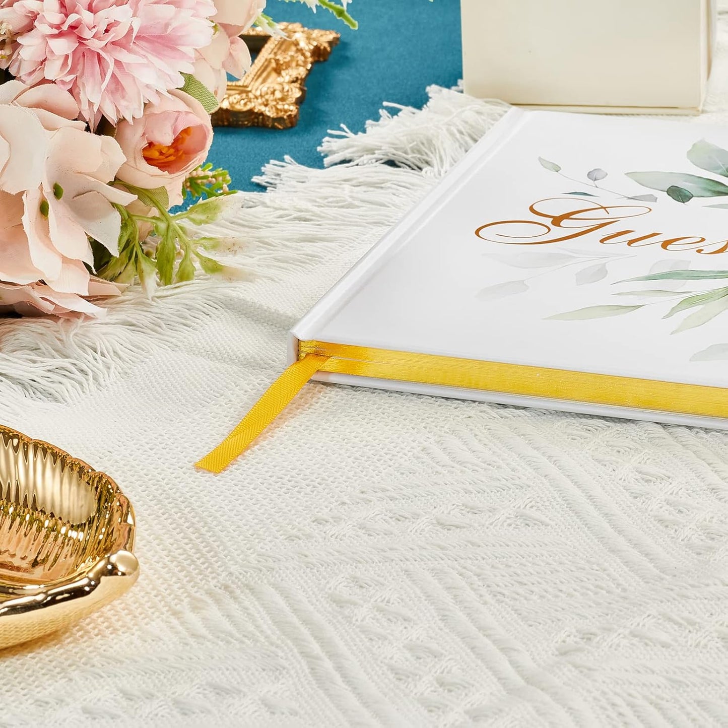 TRULIVA Wedding Guest Book - Guest Sign in Book - Wedding Reception Registry Book - Hard Cover, 7" x 9" (Eucalyptus Gold Foil, Book)