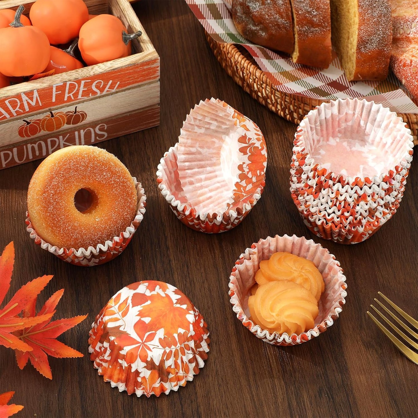 Whaline 300Pcs Fall Cupcake Liners Orange Maple Leaves Paper Baking Cups Thanksgiving Watercolor Leaves Paper Cake Muffin Liner Cupcake Wrappers for Autumn Harvest Party Supplies, 2x1.2 Inch