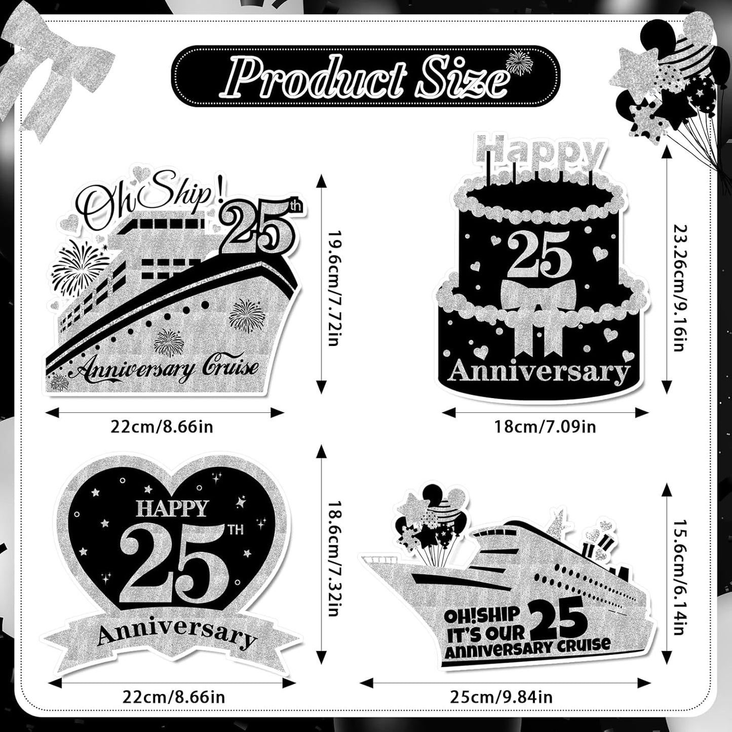4 PCS Large 25th Anniversary Cruise Door Magnets Decorations Happy 25th Anniversary Cruise Ship Door Decor Magnetic Wedding Magnets Garage Refrigerator Car Magnets for Cabin Stateroom (Black Silver)
