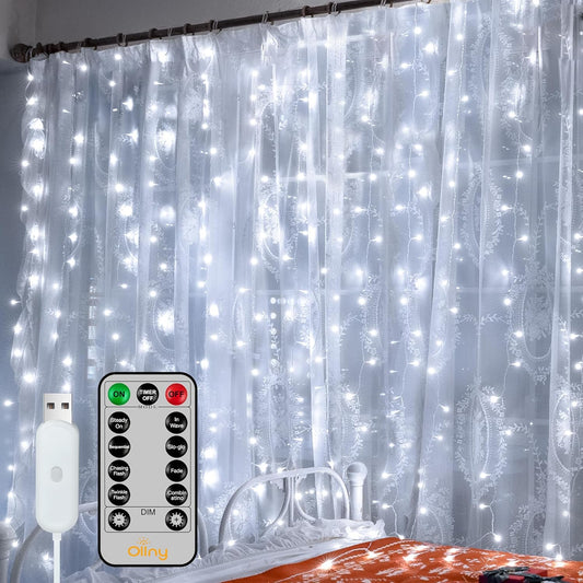 Ollny Curtain Lights 6.6x6.6ft, 200 LED White String Lights with Remote 8 Modes Dimmable Timer, USB Power Fairy Light for Bedroom Backdrop Indoor Wall Window Wedding Decor